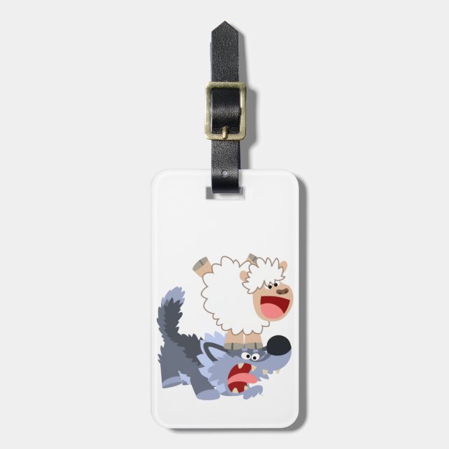 Cute Playful Cartoon Sheep and Wolf Luggage Tag (Front Vertical)