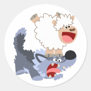 Cute Playful Cartoon Sheep and Wolf Sticker