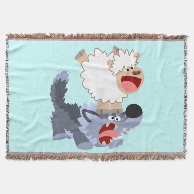 Cute Playful Cartoon Sheep and Wolf Throw Blanket (Front)