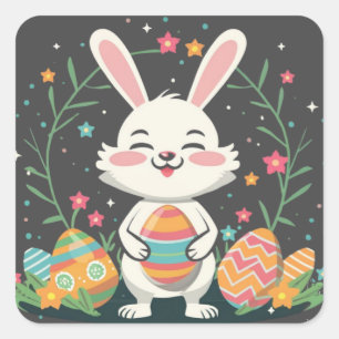 Cute Playful Easter Bunny Eggs Square Stickers