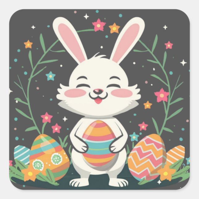 Cute Playful Easter Bunny Eggs Square Stickers (Front)