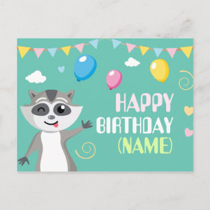 Cute playful funny raccoon with balloons postcard