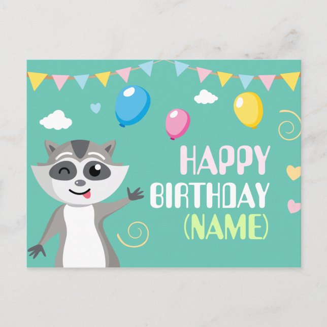 Cute playful funny raccoon with balloons postcard (Front)