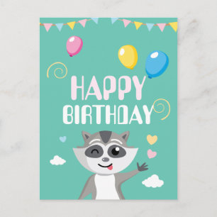 Cute playful funny raccoon with balloons postcard