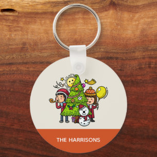 Cute Playful Hand Drawn Holiday Party Christmas Keychain
