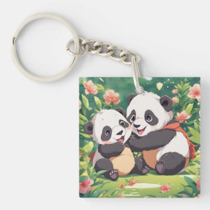 Cute Playful Little Pandas - Anime Style Keychain