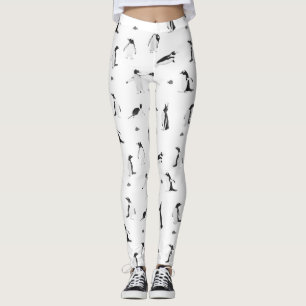 Cute Playful Penguins and Fish Monochrome Pattern Leggings