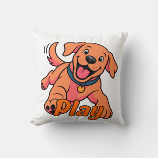 Cute Playful Puppy Cartoon Art with Play Typograph Throw Pillow