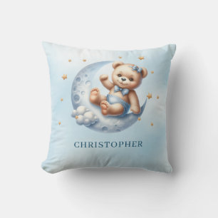 Cute playful teddy bear over the moon throw pillow