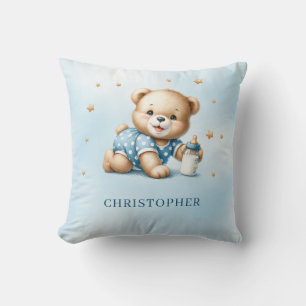 Cute playful teddy bear with baby bottle throw pillow