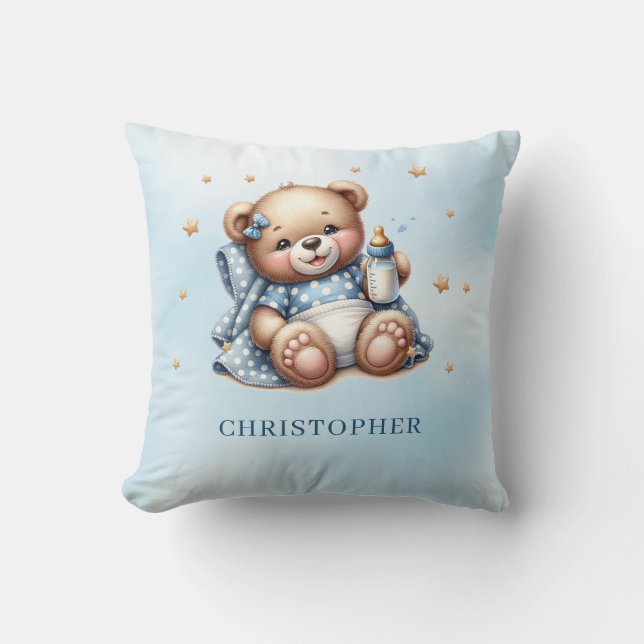 Cute playful teddy bear with baby bottle throw pillow (Front)