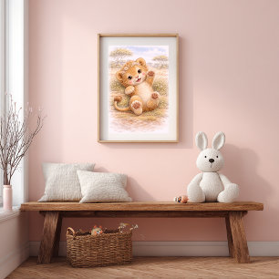 Cute Playing Baby Lion Nursery Room Kids Poster