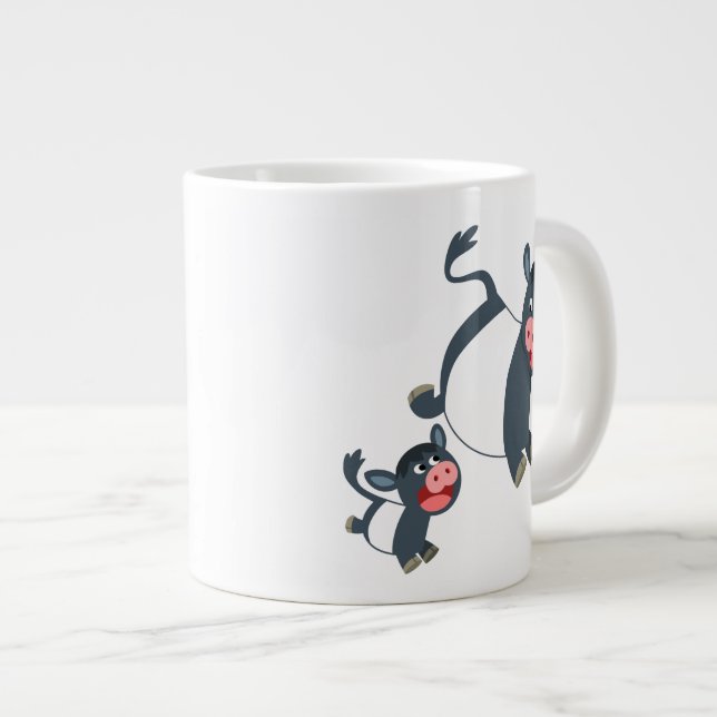 Cute Playing Cartoon Belted Galloway Cow and Calf Large Coffee Mug (Front Right)