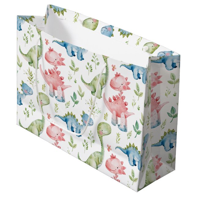 Cute playing dinosaurs kids  birthday large gift bag (Front Angled)