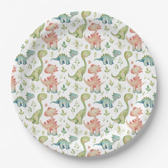 Cute playing dinosaurs kids  birthday paper plate (Front)