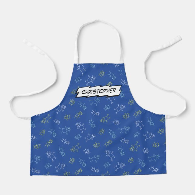 Cute playing kids pattern blue personalized name  apron (Front)