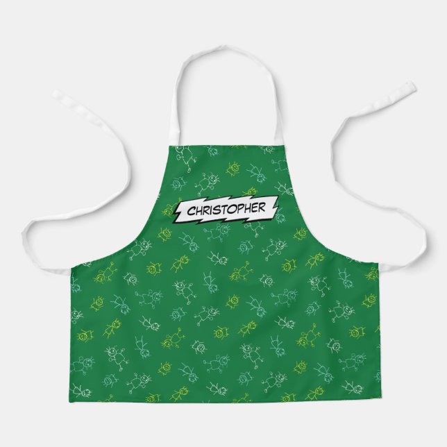 Cute playing kids pattern green personalized name  apron (Front)