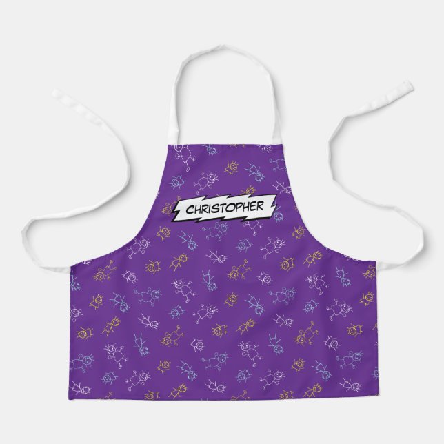 Cute playing kids pattern purple custom name  apron (Front)