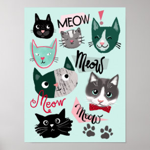 Cute playroom fun cat faces kids room poster green
