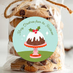 Cute Plum Pudding Retro Christmas Cake Name Classic Round Sticker<br><div class="desc">These cute, colourful Christmas sticker labels feature a hand drawn plum pudding illustration on a Christmas tree cake stand and textured tablecloth. A text template is included for simple personalization. Great for adding labels to Christmas gifts for neighbours, friends, or family! Please note that if you choose the 1.5 inch...</div>