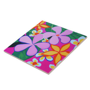 Cute plumerias on pink art tile