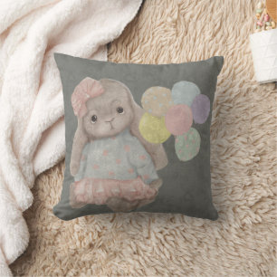  cute, plush bunny with a bow and balloons throw pillow