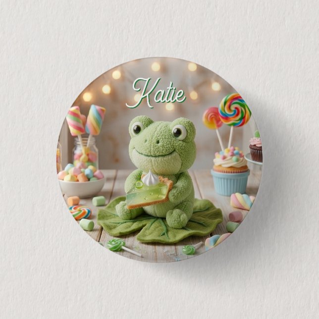Cute Plush Frog holding Key Lime Pie Personalized  1 Inch Round Button (Front)