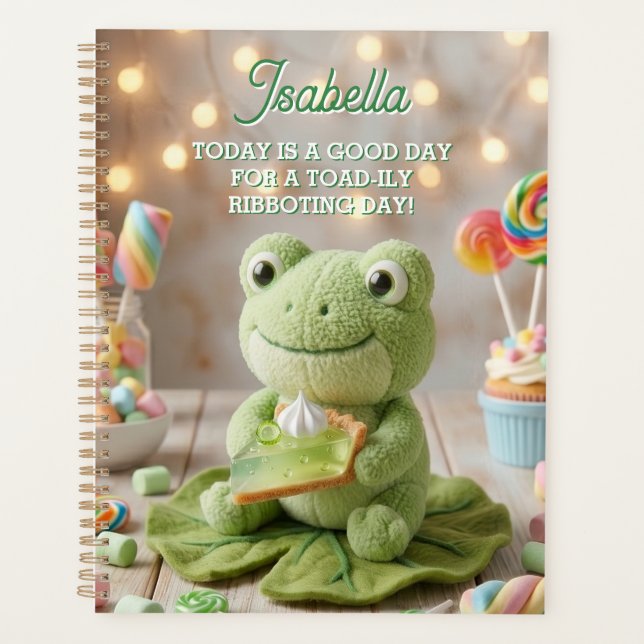 Cute Plush Frog holding Key Lime Pie Personalized Planner (Front)