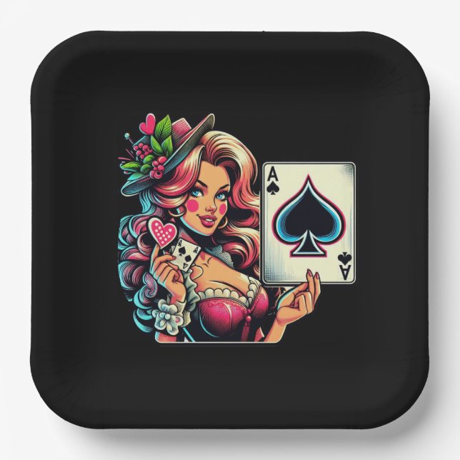 Cute poker party vintage lady  paper plate (Front)