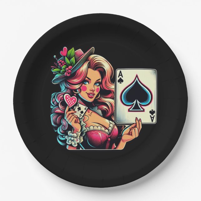 Cute poker party vintage lady  paper plate (Front)