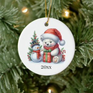 Cute polar bear add date and message Christmas Ceramic Ornament