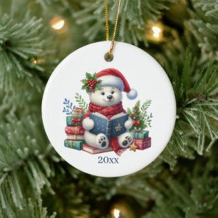 Cute polar bear add date and message Christmas Ceramic Ornament