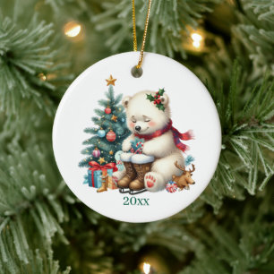 Cute polar bear add date and message Christmas Ceramic Ornament
