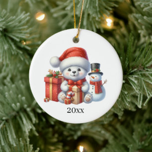 Cute polar bear add date and message Christmas Ceramic Ornament
