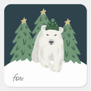 Cute Polar Bear and Christmas Trees Gift  Square Sticker