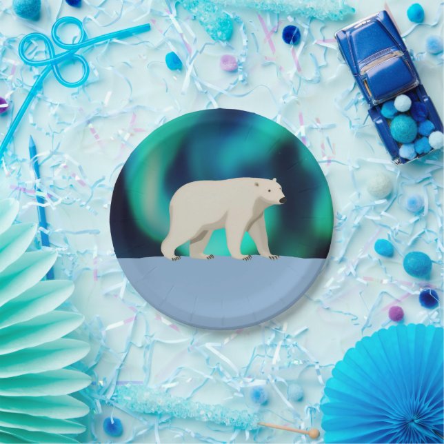 Cute Polar Bear and Northern Lights Paper Plate (Party)