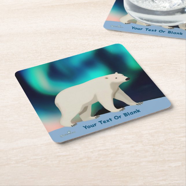 Cute Polar Bear and Northern Lights Square Paper Coaster (Angled)