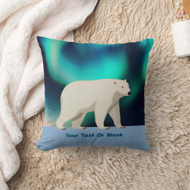 Cute Polar Bear and Northern Lights Throw Pillow (Blanket)