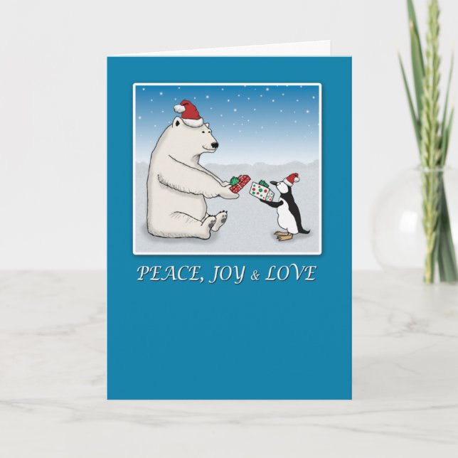 Cute Polar Bear and Penguin Christmas Holiday Card (Front)
