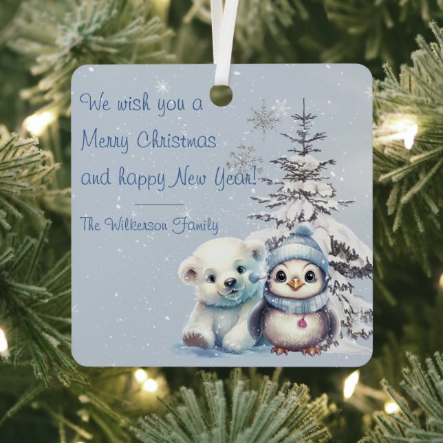 Cute Polar Bear and Penguin North Pole Christmas Metal Ornament (Insitu)