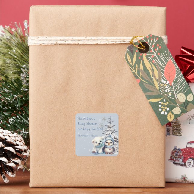 Cute Polar Bear and Penguin North Pole Christmas Square Sticker (Holiday)