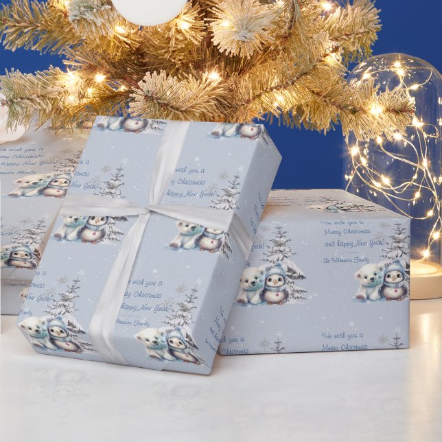 Cute Polar Bear and Penguin North Pole Christmas Wrapping Paper (Holidays)