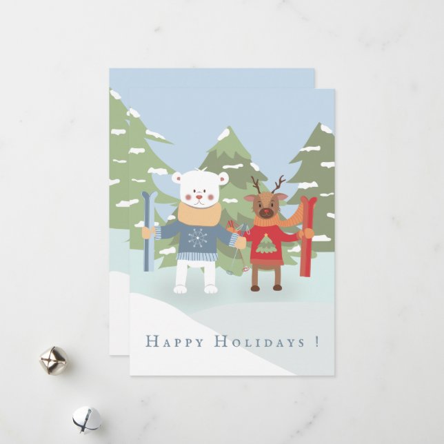 Cute Polar Bear and Reindeer Flat Holiday Card (Front/Back In Situ)