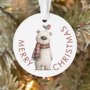 Cute Polar Bear and Robin Merry Christmas Ornament