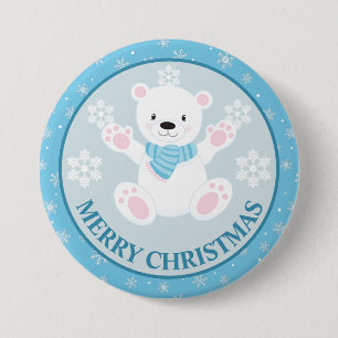 Cute Polar Bear and Snowflakes Blue Christmas 3 Inch Round Button