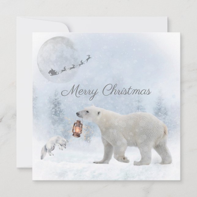 Cute Polar Bear Arctic Fox Santa Winter Christmas Holiday Card (Front)