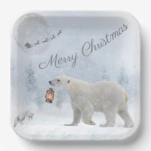 Cute Polar Bear Arctic Fox Santa Winter Christmas Paper Plate