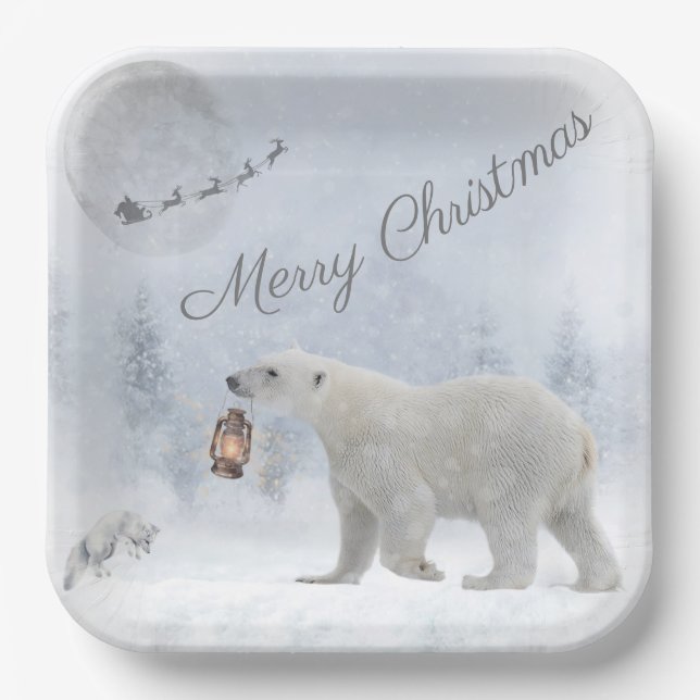 Cute Polar Bear Arctic Fox Santa Winter Christmas Paper Plate (Front)