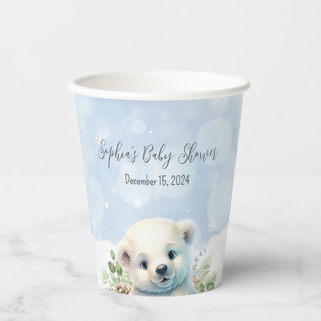 Cute Polar Bear Blue Winter Baby Shower Paper Cups (Front)