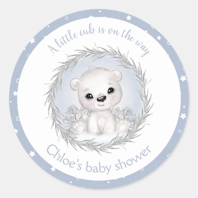Cute Polar Bear Blue Winter Boy Baby Shower Classic Round Sticker (Front)